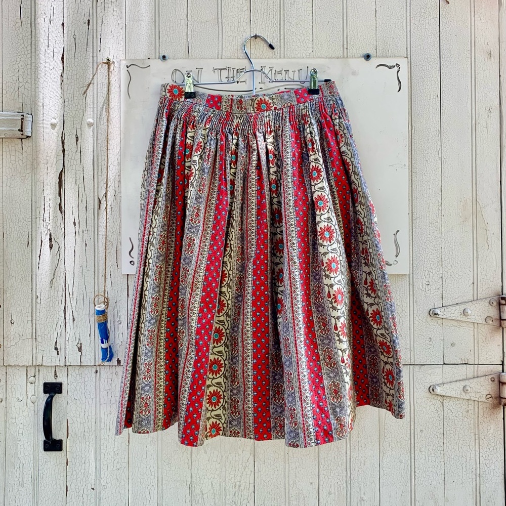 60s Vintage Full Midi Orange & Cream Folk Floral Skirt